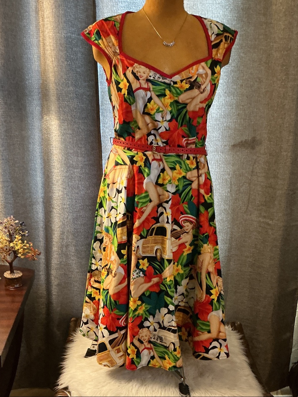 Retro Tropical Fit-and-Flare Midi Dress in Red & Green